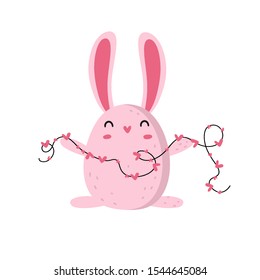 Vector flat illustration of a cute pink bunny with a garland with hearts on a white background. Children's cute bunny illustration. Cute animals. Valentine's Day.