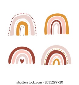Vector flat illustration of cute rainbows isolated on white background. Set hand drawing multicolored rainbow, decorative drawings for the nursery, trendy baby style.