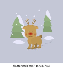 Vector flat illustration with cute reindeer. Forest. Snow. Reindeer tracks.