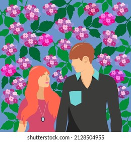 vector flat illustration of cute romantic couple with hydrangea