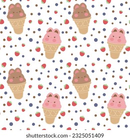 Vector flat illustration. Cute seamless pattern with ice cream on white background.Wrapping paper.