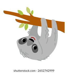 Vector flat illustration of cute sloth clinging to branch. Vector flat illustration isolated on white background