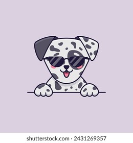 Vector flat illustration of cute smiling dalmatian dog with sunglasses in cartoon style