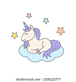 vector flat illustration of a cute unicorn sleeping on a cloud. magic and happiness concept. childish doodle drawing of a unicorn in the sky