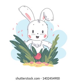 Vector flat illustration of cute white baby bunny character and little small bird playing in grass. Hand drawn style. For baby calendar, baby shower, birthday card, tee print, sticker, nursery etc.