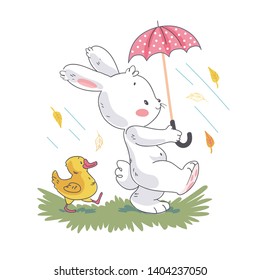 Vector flat illustration of cute white baby bunny character and little duck walking under umbrella. Hand drawn style. For baby calendar, baby shower, birthday card, tee print, sticker, nursery etc.