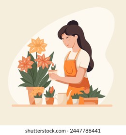 Vector flat illustration of a cute woman gardener in an apron with flowers in pots. Hobbies: floristry and a pleasant pastime. Illustration for articles and postcards