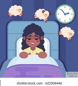 Vector flat illustration - Cute woman in her bed at night counting sheep, fighting insomnia eps10