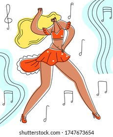 Vector flat illustration dancing, attractive woman on abstract background in form of melody notes. Concept Latin dance, salsa, female solo, dance schools, clubs, performances, events.