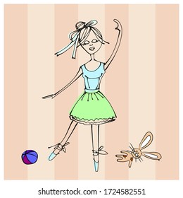 Vector flat illustration of dancing ballerina girl. Purple ball and toy rabbit. Elements for design. Cartoon. For girls. Black outline and color. Sketch. Doodles.