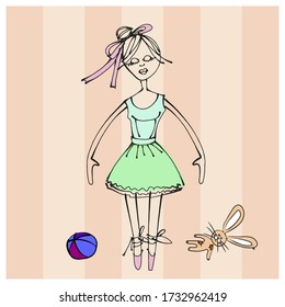 Vector flat illustration of dancing ballerina girl. Purple ball and toy rabbit. Elements for design. Cartoon. For girls. Black outline and color. Sketch. Doodles.