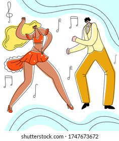 Vector flat illustration dancing couple on abstract background in form of notes and music. Concept Latin dance, salsa, dance schools, clubs, performances, events, festivals.