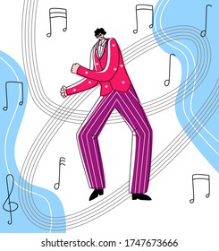 Vector flat illustration dancing man on abstract background in form of melody notes. Concept Latin dance, salsa, female solo, dance schools, clubs, performances, events.