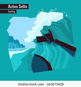 Vector flat illustration of a dangerous action selfie. People making selfies while doing extreme sports. Surfer holds a smartphone and takes a selfie while going thought a water pipe.