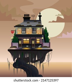 Vector flat illustration of a dark fantasy hotel mansion on a giant tree in twilight