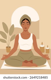 Vector flat illustration of dark-skinned woman in lotus position meditating on a mat in a cozy room. Atmosphere of calm, candles, self-care, yoga and inner balance. Use for women's health projects