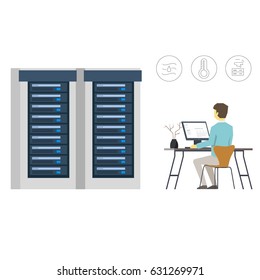 Vector Flat Illustration of Data Center Engineer Is Controlling Server Infrastructure