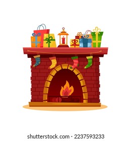 Vector flat illustration of decorated fireplace with Christmas presents. Cartoon decorated object with stockings and candle in bright color. Funny Christmas emblem for winter holiday greeting card