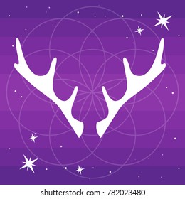 Vector flat Illustration of deer horns silhouette and soft light around mandala on a gradient purple starry backgroud . 