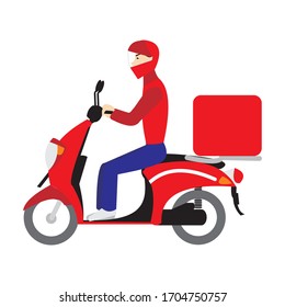 Vector flat illustration of delivery man on a scooter motorbike