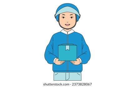Vector flat illustration of delivery man holding a package with happy expression, Hand-drawn character avatar