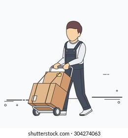 Vector Flat Illustration of Delivery Man with Boxes on Two Wheel Cart.
