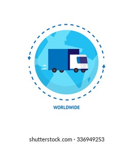 Vector flat illustration of delivery truck with globe. Worldwide logistics and distribution service concept. International shipping