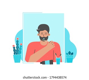 Vector flat illustration. Dental daily life concept. Happy latin man is cleaning teeth by bamboo toothbrushes, paste in front of mirror. Guy smiles. Health care and oral hygiene for caries prevention