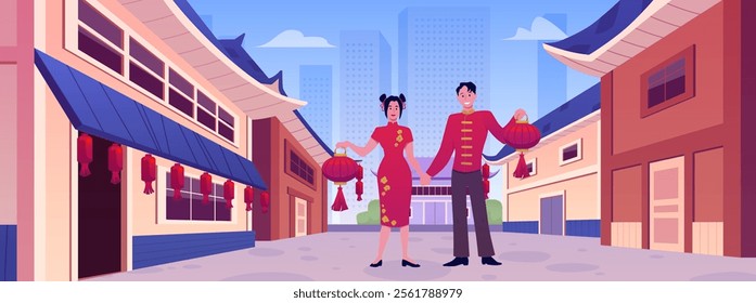 Vector flat illustration depicting Chinese street with houses, lanterns and people. Characters in traditional clothes with old architectural houses. Concept of culture and festive atmosphere.