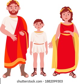 Vector flat illustration depicting a family from Rome. Mom, dad and son are a teenager in national kostbma. Mom and Dad in a laurel wreath.
