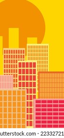Vector flat illustration depicting high-rise buildings in a big city during sunset.