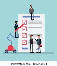 Vector flat illustration design business employee is on a lift and fills the form with a pencil, the conclusion of the contract, the signature of the document. 