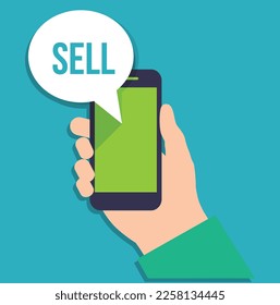 Vector flat illustration design sell online with smartphone isolate on green background