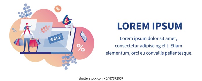 Vector Flat Illustration as Design Template for Computer Shop Sale Page. Copy Space for Your Text. Little Son Riding Dads Shoulders, Addressing Mom. Dad with Shopping Bags. Mom, Examining Pad.