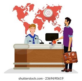 Vector flat illustration of desk with administrator, customs or police officer. Situation with characters in an airport, hotel or government institute.