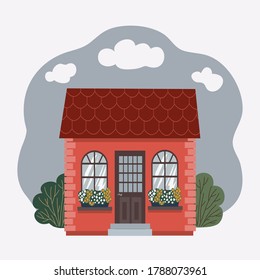 Vector flat illustration of detailed house icon with green plants isolated on white background.
