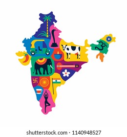 Vector flat illustration of detailed map of India, Asia with all landmarks. Palm tree, elephant, car, pepper, tea, yoga, flag, sitar, lotus flower, cow.