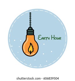 Vector flat illustration devoted to the Earth hour. Candle in the form of a lamp on a blue background in a circle. For postcards, stickers, banners.