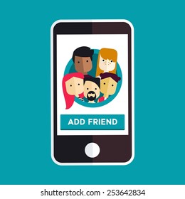 Vector flat illustration with different avatar people and button Add Friends om phone screen. Network friendship. Mobile internet