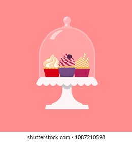 Vector flat Illustration of different flavoured cupcake under the glass cloche. White cake stand on the pink background.