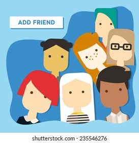 Vector flat illustration with different girls and button Add Friends. Network friendship