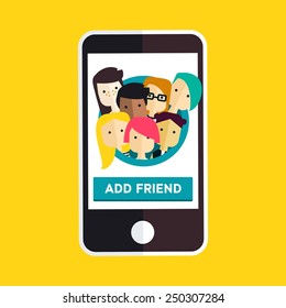 Vector flat illustration with different girls and button Add Friends om phone screen. Network friendship. Mobile internet