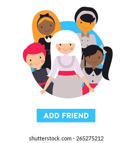 Vector flat illustration with different girls and button Add Friends. Network friendship