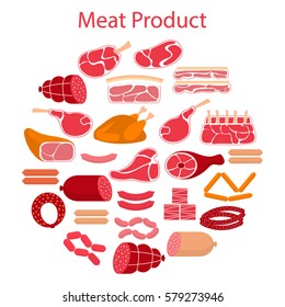 Vector flat illustration with different kinds of meat beef steak, lamb chop, pork, chicken and sausages, isolated on white background.