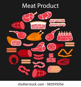 Vector flat illustration with different kinds of meat beef steak, lamb chop, pork, chicken and sausages, isolated on black background.