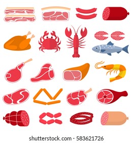 Vector flat illustration with different kinds of meat and fish, beef steak,lamb, pork, chicken, sausages, crab, salmon, lobster, shrimp, oyster and caviar,  isolated on white background.