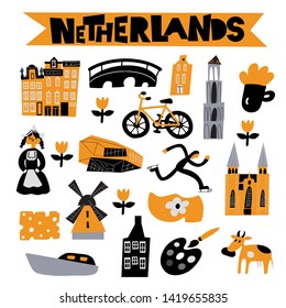 Vector flat illustration of different Netherlands attractions, landmarks and symbols.