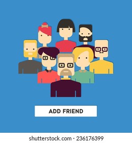 Vector flat illustration with different people and button Add Friends. Network friendship