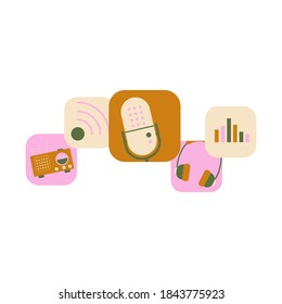 Vector flat illustration with different podcast icons isolated on white