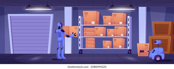 Vector flat illustration with different robots that were placing boxes on the shelf in a manufacturing facility. Smart technologies and automation for efficient logistics and inventory storage.